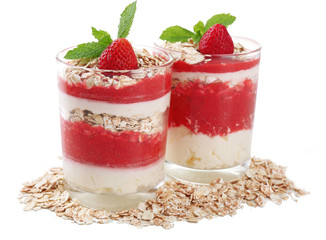 Dessert with fresh strawberry, cream and granola, isolated on white