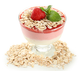 Dessert with fresh strawberry, cream and granola, isolated on white