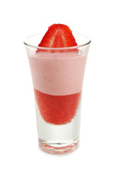 Fresh strawberry yogurt dessert in glass, isolated on white