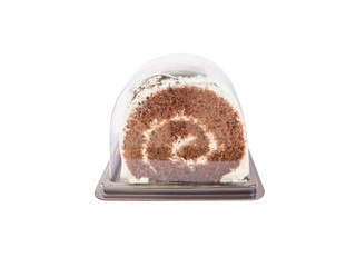 Piece of roll cake inside plastic take away packaging