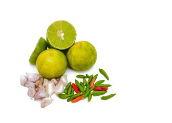 Chili peppers, garlic and lime on white background. Asian ingred