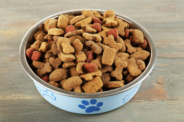 Dog food in bowl on wooden table