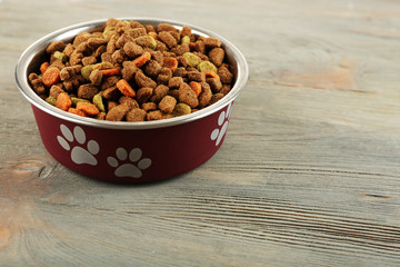 Dog food in bowl on wooden table