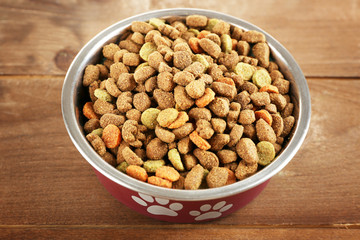 Dog food in bowl on wooden table