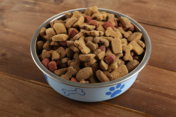 Dog food in bowl on wooden table