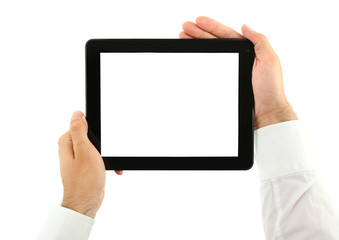 Male hands holding tablet isolated on white
