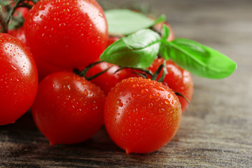 Cherry tomatoes with basil on wooden table close up