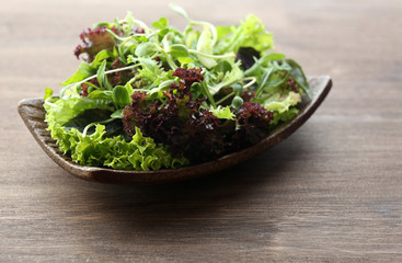 Plate of fresh mixed green salad on wooden table close up