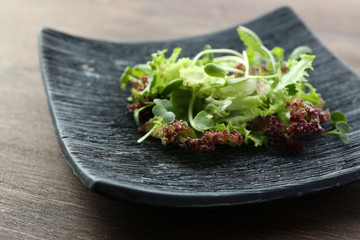 Plate of fresh mixed green salad on wooden table close up