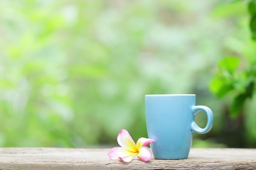 blue mug and plumaria flower on wood table