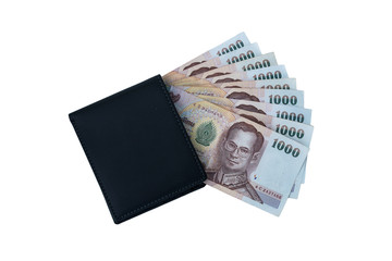 Thai money in black wallet isolate background
