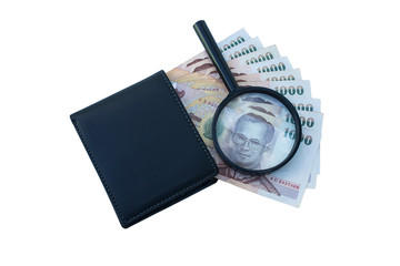 Thai money in black wallet isolate background