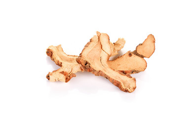 Dried galangal on white background