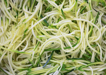 Grated zucchini and squash in pan close up