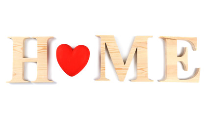 Decorative letters forming word HOME with heart isolated on white