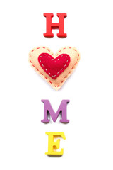 Decorative letters forming word HOME with heart isolated on white