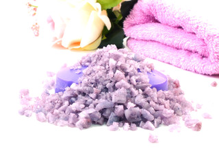 Obraz na płótnie Canvas sea salt spa and soap lavender scent on white background selective focus