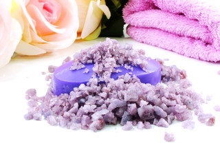 sea salt spa and soap lavender scent on white background selective focus