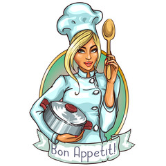 Pretty Chef with pot and spoon.