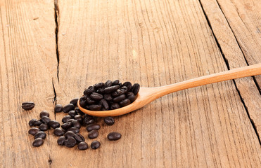 Coffee beans in wooden spoon