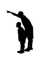Silhouette of father use hand point his son look