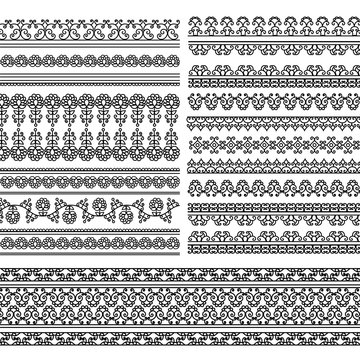 Indian Henna Border decoration elements patterns in black and white colors. Popular ethnic border in one mega pack set collections. Vector illustrations.Could be used as divider, frame, etc