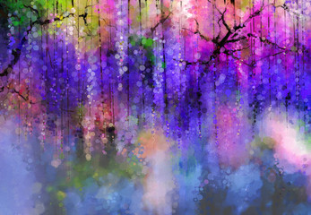 Abstract Violet color flowers. Watercolor painting. Spring purple flowers Wisteria in blossom with bokeh background - obrazy, fototapety, plakaty