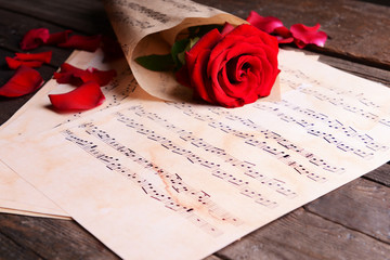 Beautiful rose wrapped on music sheets on wooden table, closeup