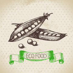 Hand drawn sketch peas vegetable. Eco food background.
