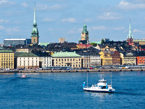 View of the Old City and passenger ship in the bay. Stockholm, Sweden