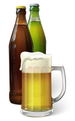 Mug with beer. Green bottle of beer. Brown bottle of beer. Vector