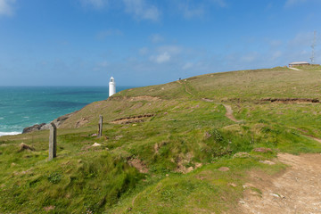 Fototapeta na wymiar Trevose Head south west coast path North Cornwall with lighthouse 