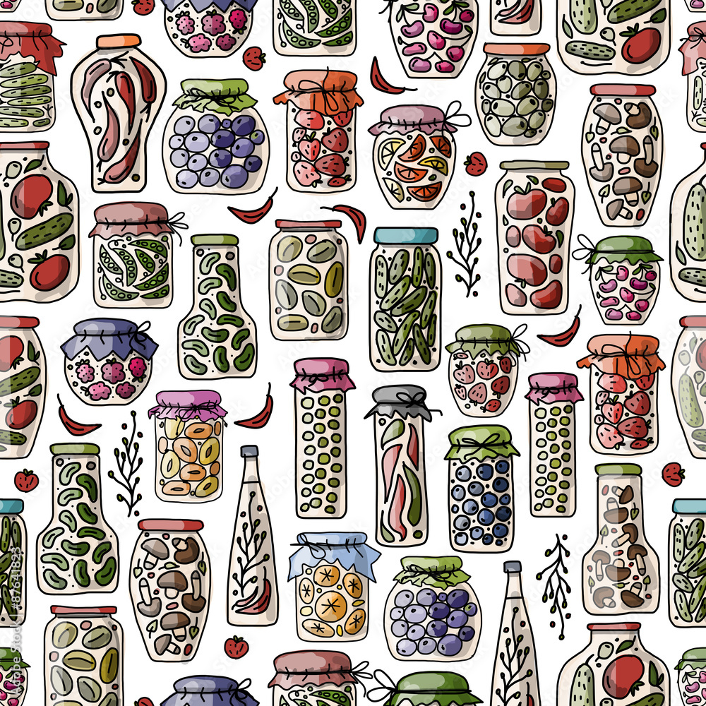 Poster seamless pattern with pickle jars fruits and vegetables