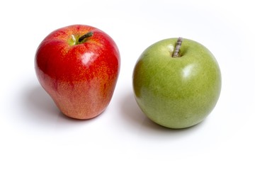 red and green apple on white background