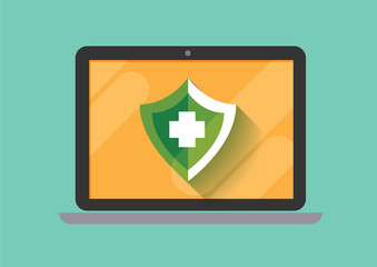 Obraz premium laptop and green shield protection on screen flat illustration icon vector