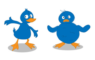 A Blue Duckling & A Blue Chick, a hand drawn vector illustration of a blue duckling and a blue chick, isolated on a white background (editable).