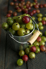 Red and green gooseberry in pail on wooden table close-up