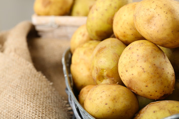 Young potatoes in baskets close up