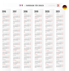 Calendar 2016 2017 2018 2019 2020 2021 vector Set in German.  Week starts at Monday