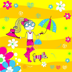 Obraz na płótnie Canvas Spring girl with hat on a street cafe background. Vector illustration