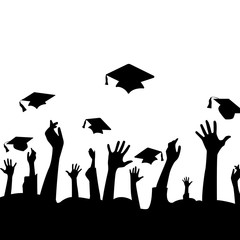 Silhouette of hands in the air and graduation hats
