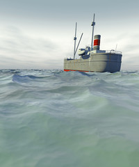 A high quality 3D render of a tramp steamer moving across a choppy sea with an overcast sky. Ship is fictitious, created and modelled entirely by myself. Low camera angle to emphasize the rough sea.