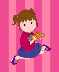 Girl With Doll,a hand drawn vector illustration of a girl holding her doll, isolated on pink stripes background (editable).