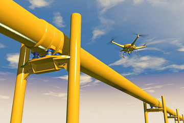 3D render of a UAV drone in flight inspecting an oil/gas pipeline. Fictitious UAV is a unique design, created entirely by myself. Bright blue overcast sky; blurred image for dramatic effect.
