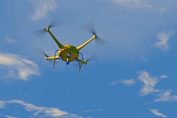 Fototapeta na wymiar High quality 3D render of a UAV drone in flight. Fictitious UAV drone is a unique design, created and modelled entirely by myself. Bright blue overcast sky, and blurred image for dramatic effect.