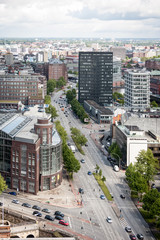 Naklejka premium Financial Hamburg, Germany. An elevated view of downtown Hamburg, Germany with fiancial businesses in view along the main highway.
