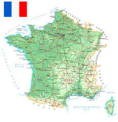 France - detailed topographic map - illustration. Map contains topographic contours, country and land names, cities, water objects, flag, roads, railways.