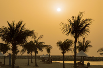 Fototapeta na wymiar Almost empty beach, palm trees and orange sunset