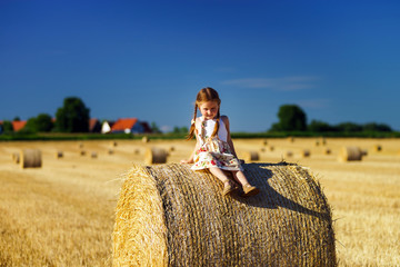 Naklejka na ściany i meble Funny cute little girl posing on the haystack in summer field