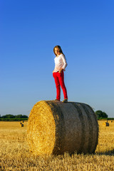 Naklejka na ściany i meble Teenage girl with long hair posing in summer field, countryside